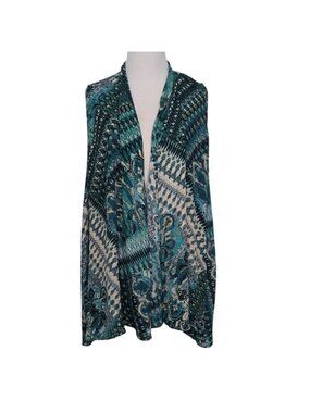 Chicos 2 Darma Paisley Open Front Vest Womens Size Large Green Chiffon Lightweig